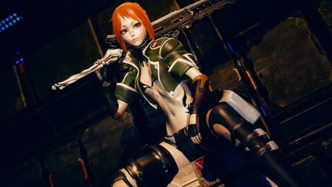 1girls 3d alternate_version_available bra breasts code_vein female front_view honey_select honey_select_2 omegas open_vest orange_hair petite petite_body petite_female revealing_clothes rin_murasame shorts sitting small_breasts solo sword sword_over_shoulder tattoo vest