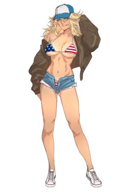1girls 2024 2d 2d_(artwork) american_flag american_flag_bikini big_breasts bikini blonde_hair blue_eyes breasts cap clothing daisy_dukes denim_shorts female female_only flag_bikini human human_only large_breasts light-skinned_female light_skin looking_at_viewer messy_hair minuranakatawa no_sex original questionable shoes shorts simple_background smile smiling_at_viewer solo solo_female standing white_background