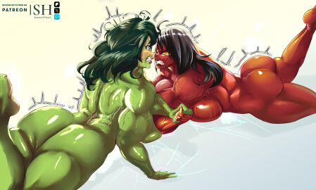 2girls angry angry_face arm_wrestling ass big_ass black_hair breasts catfight female female_only green-skinned_female green_hair green_skin huge_ass long_hair looking_at_another lord_hamilton marvel marvel_comics multiple_females multiple_girls muscular muscular_female nude nude_female on_stomach red-skinned_female red_she-hulk red_skin she-hulk sideboob superheroine sweat