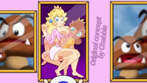 ass ass_expansion blonde_hair blue_eyes bmasterad breasts breasts_out brown_hair brown_nipples crown earrings embarrassed expansion exposed_breasts flat flattened green_eyes mario_(series) picture_frame princess_daisy princess_peach tagme tan_skin toad_(mario) video