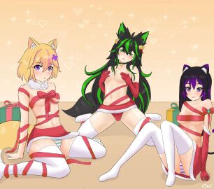 2022 3girls :d :o :p bells belly_button black_hair blandship blush blushing breasts cat_ears cat_tail christmas christmas_clothing christmas_present female fox fox_ears fox_girl fox_humanoid fox_tail genderswap_(mtf) green_eyes green_hair hand_on_breast kendomurft latam_virtual_youtuber long_hair multiple_females multiple_girls necklace neko nekomimi oxi_xt panties purple_eyes purple_hair rule_63 short_hair small_breasts socks tecnoanime thick_thighs two-tone_hair virtual_youtuber vtuber vtuberfanart white_skin yellow_hair
