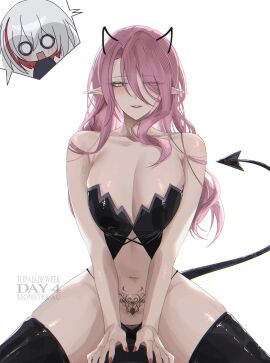 2girls absurdres bare_arms bare_shoulders bare_thighs black_panties black_thighhighs blue_eyes blush bodice breast_press breast_squeeze breasts chibi collarbone cowgirl_position demon demon_costume demon_girl demon_tail embarrassed eyes_visible_through_hair female female_only female_pov grin hair_over_one_eye half-closed_eyes highres honkai:_star_rail honkai_(series) hourglass_figure huge_breasts imminent_sex jade_(honkai:_star_rail) long_hair looking_at_viewer multiple_females multiple_girls nail_polish navel o_o panties parted_lips pointy_ears pov pubic_tattoo purple_hair red_nails seol_(baconontheclock) shoulders simple_background skindentation smile solo_focus stomach succubus tail tattoo thick_thighs thighhighs thighs topaz_(honkai:_star_rail) underwear white_background wide_hips yuri