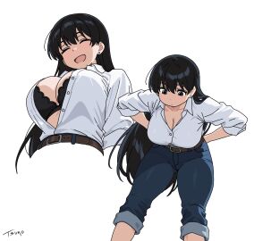 :d ^_^ arato_nagi arms_behind_back artist_name belt bent_over black_bra black_hair blue_pants bra breasts brown_belt cleavage closed_eyes closed_eyes_smile collared_shirt commentary cropped_legs denim dress_shirt earrings english_commentary feet_out_of_frame female highres jeans jewelry large_breasts long_hair looking_down looking_over_breasts multiple_views nagi_arato open_mouth pants pants_rolled_up partially_unbuttoned ruri_no_houseki ruri_rocks shirt shirt_tucked_in simple_background smile stud_earrings tsunoart underwear white_background