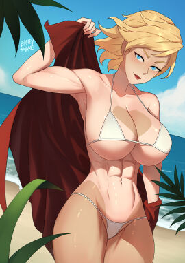 1girls abs bare_arms bare_legs bare_shoulders bare_thighs barleyshake big_breasts bikini bikini_bottom bikini_top blonde blonde_hair blue_eyes blush breasts clothed clothing color dc dc_comics female female_focus female_only fit fit_female g-string g-string_bikini hi_res large_breasts light-skinned_female light_skin looking_at_viewer muscles muscular muscular_female power_girl short_hair solo solo_female superheroine tagme tanline tanned tanned_female tanned_skin thick_thighs thong thong_bikini
