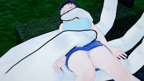 1girls 3d background_character black_hair blood-c blue_shirt blue_skirt breasts bunny_beast denim_skirt elder_bairn female helpless knees pink_nail_polish restrained ryona sleeveless_shirt thighs upskirt