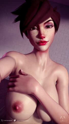 1girls 3d big_lips breasts female freckles large_breasts marangnsfw mole mole_under_eye naked naked_female nipples overwatch plawyer solo_female tits_out tracer