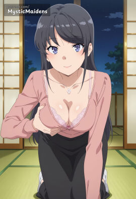 ai_generated anime anime_style black_hair black_skirt bra breasts cleavage closed_mouth collarbone female grabbing_own_breast hentai hi_res indoors jewelry kneeling large_breasts long_hair long_skirt long_sleeves looking_at_viewer medium_breasts mystic_maidens necklace night patreon patreon_username pink_bra pink_shirt purple_eyes sakurajima_mai seishun_buta_yarou_wa_bunny_girl_senpai_no_yume_wo_minai shirt skirt sky sliding_doors smile socks solo tatami underwear white_socks