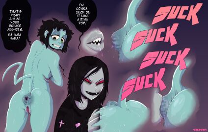 1boy 1girls anilingus dialogue disembodied_mouth fangs female male onomatopoeia red_eyes rimming rimming_femboy rimming_male sucking_anus sucking_ass tagme text_bubble valavari