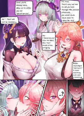 3girls absurdres animal_ears aqua_hair bare_shoulders black_choker blush braid breasts choker cleavage covered_nipples detached_sleeves earrings fan_hair_ornament female flower fox_ears fox_girl gem genshin_impact hair_flower hair_ornament highres horori_(halloweenday309) huge_breasts inazuma_girls japanese_clothes jewelry kimono long_hair looking_to_the_side low-braided_long_hair low-tied_long_hair mole mole_under_eye multiple_females multiple_girls necktie nontraditional_miko obi obiage obijime parted_bangs pink_hair pointy_ears purple_eyes purple_hair purple_kimono raiden_shogun red_necktie red_ribbon ribbon sash shrug_(clothing) sideboob sidelocks smile yae_miko yumemizuki_mizuki