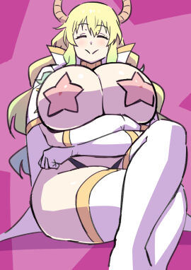 blonde_hair breasts closed_eyes crossed_arms female female_focus gloves highres horns huge_breasts kobayashi-san_chi_no_maidragon lucoa_(maidragon) pasties pink_background smile solo star_(symbol) star_pasties tengen_toppa_gurren_lagann tetrodotoxin thick_thighs thighhighs thighs white_gloves white_thighhighs wide_hips yoko_littner_(cosplay)