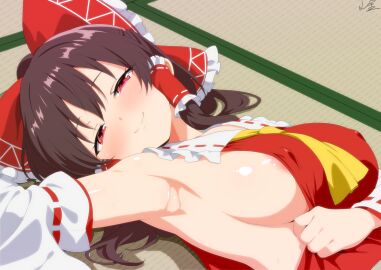 1girls areola_slip armpits bedroom_eyes breasts female looking_at_viewer lying nipple nipple_bulge nipple_slip nipslip red_eyes reimu_hakurei side_boob sideboob touhou yamaboshi_ryuu