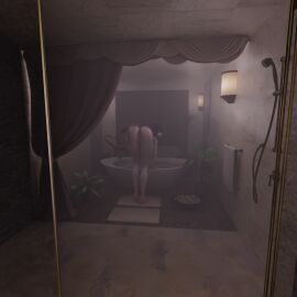 anthro ass bathroom female hi_res nude simple_background solo steam tall