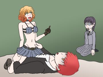 1boy 2girls actualtrashhuman akabane_karma assassination_classroom bare_shoulders belt bikini_top boots choker clothed_sex cowgirl_position crying cuckolding cuckquean female flat_stomach forced_to_watch gloves groin humiliation implied_penetration implied_sex jealous jealousy kurahashi_hinano laughing male medium_hair middle_finger miniskirt mocking navel nerdy_female okuda_manami orange-haired_female orange_hair pleated_skirt revealing_clothes reverse_netorare skinny skirt slender_body straight taunting uniform watching wavy_hair