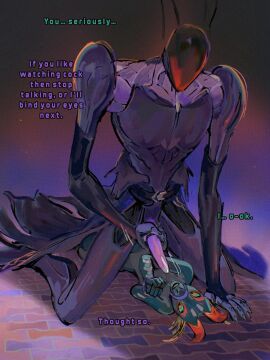 antarasis anthro bound captured cybernetics cyborg dialogue dominant dominant_male dragon drawain duo fascinated female handjob hi_res humanoid idun imminent_facial machine male male/female masturbation mythological_creature mythological_scalie mythology observing penile penis scalie sex speech_bubble submissive submissive_female