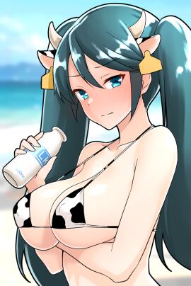 1girls absurd_res absurdres arm_under_breasts bare_arms bare_chest bare_hands bare_midriff bare_shoulders bare_skin bare_torso beach belly black-haired_female black_hair blue-eyed_female blue_eyes blue_sky blush blush_lines blushing blushing_at_viewer blushing_female breasts cleavage coast collarbone completely_naked completely_nude cow_ears cow_print cow_print_bikini dot_nose elbows embarrassed embarrassed_female eyebrows_visible_through_hair female female_focus female_only furaggu_(frag_0416) groin hair_between_eyes high_resolution highres horn horns isuzu_(kantai_collection) kantai_collection lactating lactation large_breasts legs light-skinned_female light_skin long_hair looking_at_viewer milk milk_squirt nude nude_female ocean outdoors sand sea seaside shoulders sideboob sky slender_body slender_waist slim_female slim_waist solo standing tears thighs thin_waist twintails twintails_(hairstyle) upper_body