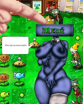 2d 2d_(artwork) animate_inanimate big_hand blue_body blue_skin bubble_text bun_cover danionebyall53_(artist) first_porn_of_character gameplay huge_breasts humanization humanized ibispaint_(artwork) ibispaintx inanimate_object menu_(pvz) plants_vs._zombies plants_vs_zombies plants_vs_zombies:_replanted pvz sock spanish_text thick_thighs touching_head touching_pussy
