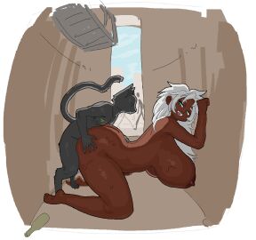 alley ambiguous_penetration anthro anthro_penetrating anthro_penetrating_human ass bad_bitch big_breasts black_body black_fur blue_sky bodily_fluids bottle breasts catrnjoe_biden chest_tattoo container dark_body dark_nipples dark_skin deryn digitigrade doggy_style domestic_cat duo eyebrows felid feline felis female fire_escape from_behind_position fur green_eyes hair huge_breasts human human_on_anthro human_penetrated interspecies leaning_on_wall looking_back looking_pleasured male male/female male_on_human male_penetrating mammal nude open_mouth penetration public realius sex sham_(sham) silhouette size_difference sketch sky small_top_big_bottom sweat tail tattoo teeth white_eyebrows white_hair