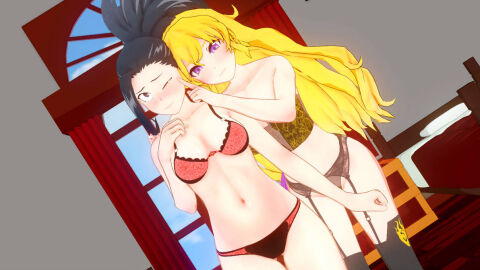 2girls 3d black_hair blonde_hair boku_no_hero_academia bra crossover female garter_belt garter_straps koikatsu_(medium) lingerie_only momo_yaoyorozu my_hero_academia panties perfectidiot092 pink_bra rwby underwear yang_xiao_long yaoyorozu_momo yuri