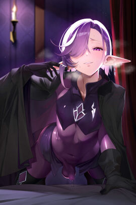 1boy aka_syakkou balls black_gloves bodysuit bulge cape covered_navel earrings erection erection_under_clothes gloves hair_over_one_eye highres jewelry male mole mole_under_eye on_bed original otoko_no_ko penis pointy_ears precum purple_bodysuit purple_eyes purple_hair swept_bangs testicles