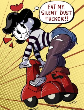 clothing female human imrachets jean_shorts mime mime_girl pale_skin ripped_stockings scooter tagme vehicle