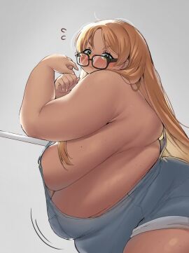 black-framed_eyewear blonde_hair blush breasts dasan242 embarrassed fat fat_woman female from_side glasses green_eyes grey_background highres large_breasts lips long_hair mole mole_on_breast naked_overalls obese original overalls sideboob solo sweat tan