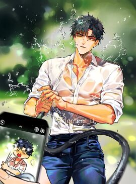 1boy >_< belt black_hair blue_hair blue_pants blurry blurry_background cellphone chibi chibi_inset collared_shirt cowboy_shot green_background holding holding_hose holding_phone hose long_sleeves male male_focus male_only muscular muscular_male one_eye_closed open_mouth original outdoors pants phone pov see-through_clothes shirt short_hair smartphone solo solo_focus taking_picture teeth tomcat_li viewer_holding_phone water wet_clothes wet_shirt white_shirt