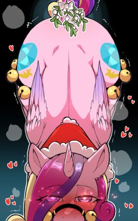 alicorn bit_gag blonde_hair blush christmas christmas_clothing christmas_headwear clothing cold-blooded-twilight cutie_mark equid equine eyebrows eyelashes female feral friendship_is_magic gag hair harness harness_bit_gag harness_gag hasbro hat headgear headwear heart-shaped_pupils heart_eyes heart_symbol holidays horn long_hair looking_at_viewer mammal mistletoe motion_lines multicolored_hair multicolored_tail muzzle_(object) my_little_pony mythological_creature mythological_equine mythology pink_body pink_eyes pink_hair pink_tail plant princess_cadance_(mlp) purple_hair purple_tail quadruped santa_hat solo tail unicorn_horn wings