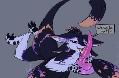 ambiguous_gender anthro avali avian biped dildo dildo_lick frannytheavali licking lying on_front sex_toy solo tagme third-party_edit thyvixie tongue