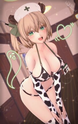 breasts brown_hair cow_bikini cow_girl cute female green_eyes jurayn large_breasts nimi_nightmare virtual_youtuber vtuber