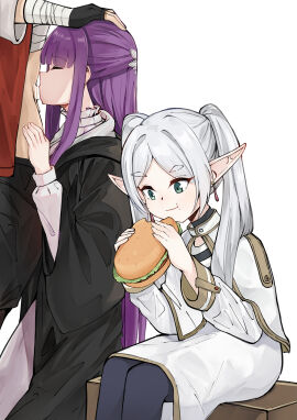 1boy 2girls aqua_eyes bandaged_arm bandages bar_censor black_gloves burger censored closed_eyes dress earrings eating elf fellatio female fern_(sousou_no_frieren) fingerless_gloves food frieren gloves grey_hair highres jewelry long_hair male multiple_females multiple_girls nakatokung oral penis pointy_ears purple_hair robe sitting sousou_no_frieren stark_(sousou_no_frieren) straight twintails