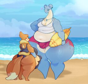 1_horn 2024 2_tails anthro anthrofied armband artist_name ass balls beach belly big_ass big_balls big_belly big_breasts big_butt big_penis black_markings blue_body blue_skin blush bodily_fluids breasts bulge bulge_under_swimsuit canid canine clothed clothing cloud colored detailed_background digital_drawing_(artwork) digital_media_(artwork) dozighost duo english_text erection erection_under_clothing erection_under_swimsuit feet flaccid flaccid_penis floatzel fur furgonomics futanari generation_1_pokemon generation_4_pokemon genitals glistening glistening_belly glistening_body glistening_butt glistening_moobs glistening_thighs hard_on head_tuft hi_res holding_object horn huge_ass huge_butt huge_penis huge_thighs hyper_breasts hyper_thighs intersex jewelry lapras larger_anthro larger_male male mammal markings moobs multi_tail multicolored_body multicolored_fur navel necklace nintendo orange_body orange_fur overweight overweight_anthro overweight_male penis penis_outline piercing pokemon pokemon_(species) pokemorph portrait question_mark sand shaded shark_tooth_necklace shirt signature size_difference sky smaller_anthro smaller_futa smaller_intersex speech_bubble spots spotted_body standing surfboard sweat sweatdrop swimming_trunks swimwear tail tan_body tan_fur tan_skin tank_top teeth tenting text thick_penis thick_thighs topwear tuft two-tone_body two-tone_tail undersized_clothing underwear water wide_hips