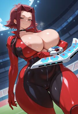 ai_generated akiza_izinski areolae_visible_through_clothing bare_thighs blush bodysuit brown_eyes card_deck card_game gigantic_breasts hairband huge_areolae huge_breasts huge_thighs light-skinned_female light_skin looking_at_viewer massive_breasts modeus14 pussy_visible_through_clothes red_hair short_hair smiling solo_female squatting sweat sweatdrop thick_body thick_female thick_thighs thighs unzipped unzipped_bodysuit voluptuous voluptuous_female yu-gi-oh! yu-gi-oh!_5d's
