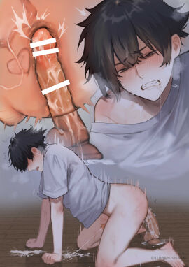 1boy absurdres all_fours anal anal_masturbation anal_object_insertion anal_orgasm anal_penetration bar_censor barefoot bishonen black_eyes black_hair blush bottomless censored clenched_teeth commentary_request cross_section cum cum_while_penetrated cumming_from_anal_sex cute_male dildo dildo_riding drooling ear_blush ejaculating_while_penetrated ejaculation from_side full_body gay hair_between_eyes hands-free handsfree_ejaculation heavy_breathing highres male male_focus male_masturbation masturbation masturbation_day motion_blur motion_lines narrowed_eyes object_insertion open_mouth original prostate sex_toy shaking shirt shirt_slip short_hair skinny solo solo_male sweat teeth teniya_yoshiwaki twitter_username white_shirt wooden_floor yaoi