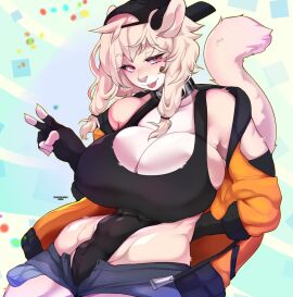 1girls 2020 5_fingers abs abstract_background anthro backwards_baseball_cap backwards_hat bandage bare_shoulders baseball_cap big_breasts black_clothing bottomwear breasts camel_toe cameltoe cherrikissu cleavage clothed clothing eyebrow_through_hair eyebrows eyelashes felid female female_only fingerless_gloves fingers frankie_(extremedash) fur gesture gloves hair half-closed_eyes hand_gesture handwear hat headgear headwear hi_res hotpants huge_breasts jacket jacket_over_leotard leotard leotard_under_clothing leotard_under_shorts lion looking_at_viewer mammal muscular muscular_anthro muscular_female narrowed_eyes open_clothing open_jacket open_topwear pantherine pink_eyes pink_nose pussy red_eyes shorts slim small_waist smiling smiling_at_viewer solo tomboy tongue tongue_out topwear translucent translucent_hair v_sign white_body white_fur white_hair