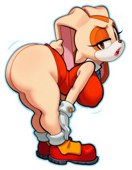aged_up ai_generated anthro ass bent_over big_breasts big_butt bottomless bottomless_anthro bottomless_female breasts clothed clothing clothing_lift cream_the_rabbit dress dress_lift female fluffy fluffy_tail footwear gloves handwear hi_res huge_breasts huge_butt lagomorph leporid lipstick looking_at_viewer makeup mammal no_underwear presenting presenting_hindquarters rabbit raised_clothing raised_dress sega solo sonic_(series) video_games