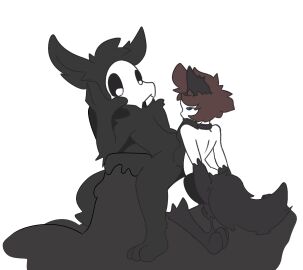 anthro blue_eyes bottomwear canid canine canis chair changed_(video_game) clothing collar collar_only dark_body dark_skin domestic_cat dominant duo ears_up felid feline felis fluid-body fluid_on_face furniture furroneta genitals goo_transformation human latex lin_(changed) liquid_hair liquid_latex makeup male male/male mammal mascara nude on_chair oral oral_penetration penetration penis pseudo_hair puro_(changed) sex shorts sitting sitting_on_chair transformation wolf