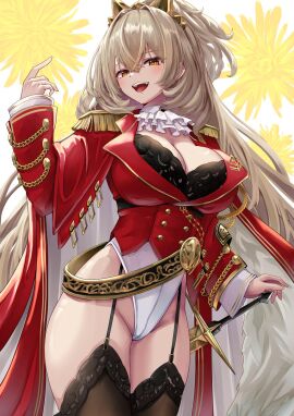 :d aiguillette ascot azur_lane belt black_leotard black_thighhighs blush breasts brown_eyes brown_hair cg cleavage epaulettes female garter_straps highleg highleg_leotard jacket large_breasts leotard leotard_under_clothes lion_(azur_lane) long_hair long_sleeves looking_at_viewer open_mouth red_jacket smile solo sword thighhighs thighs very_long_hair weapon white_leotard
