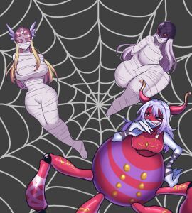 3girls angewomon arukenimon blonde_female blonde_hair bondage commission commission_art commissioner_upload digimon digimon_(species) digimon_adventure encased encasement gagged gagged_female grey_hair helmet horned_female horns huge_breasts huge_hands ladydevimon laughing lipstick long_hair masked masked_female monster_girl ojou-sama_pose red_eyes sharp_teeth spider_girl spider_web tagaen810 tagme webbing