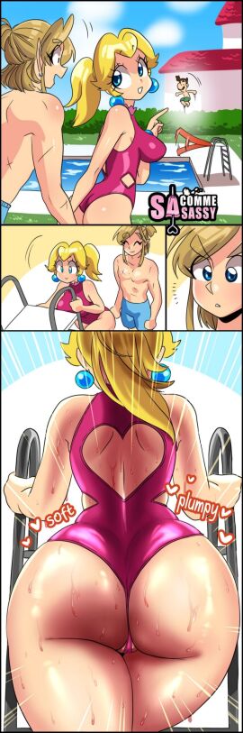 1girls 2boys 4koma ass ass_focus blonde_hair blue_eyes blue_shorts breasts clothing comic crossover female from_behind grass holding_hand large_ass large_breasts leotard light-skinned_female light-skinned_male light_skin link luigi male male/female mammal mario_(series) mature mature_female mature_male nintendo open_mouth outdoors ponytail pool princess princess_peach royalty sasatseng swimsuit the_legend_of_zelda thick_ass