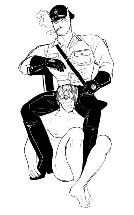 2boys bondage diamond_is_unbreakable herzspatler jojo's_bizarre_adventure killer_queen leather_boots leather_gloves male male_focus male_only police_hat police_uniform smoking_cigarette stand_(jjba) yoshikage_kira