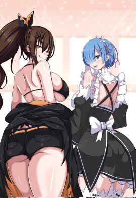 2girls ass ayannon_yumme back bangs bare_shoulders big_breasts bikini black_ribbon black_shorts blue_eyes blue_hair blush breasts brown_hair clothing detached_sleeves female frills from_behind green_eyes hair_ornament hair_over_one_eye hair_ribbon high_ponytail huge_ass jacket large_breasts legwear licking_lips long_hair looking_at_viewer looking_back maid maid_headdress multiple_females multiple_girls off_shoulder one_eye_closed open_mouth pink_ribbon ponytail re:zero_kara_hajimeru_isekai_seikatsu rem_(re:zero) ribbon ribbon-trimmed_clothes ribbon-trimmed_legwear ribbon_trim roswaal_mansion_maid_uniform shaula_(re:zero) short_hair short_shorts shorts sideboob smile swimsuit thick_thighs thighhighs thighs tied_hair tongue tongue_out underbutt x_hair_ornament