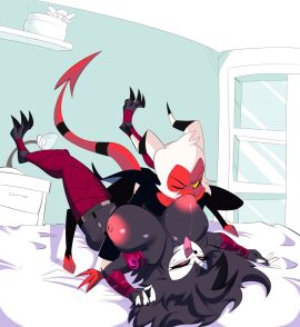 1boy 1girls artist_request bare_arms bare_legs bare_shoulders bare_thighs big_breasts big_penis black_hair color demon demon_boy demon_horns demon_tail female helluva_boss hi_res imp large_breasts long_hair looking_pleasured male male/female male_penetrating moxxie_(helluva_boss) octavia_(helluva_boss) open_mouth owl owl_demon owl_girl penetration penile_penetration penis_in_pussy pleasure_face pussy pussy_juice red_body red_skin sex short_hair sucking sucking_nipples tagme thick_thighs tongue tongue_out vaginal_penetration white_hair