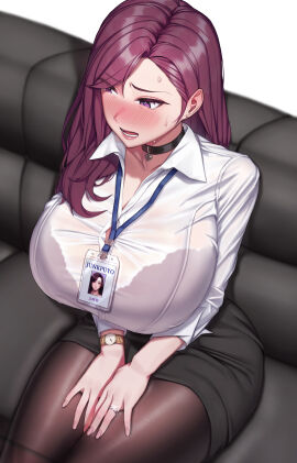 beryl_(junkpuyo) blush breasts couch female huge_breasts id_card lace-trimmed_bra massive_breasts mature_female milf milfxxxiii pink_eyes pink_hair sitting skirt tagme thick_thighs white_shirt wide_hips wristwatch