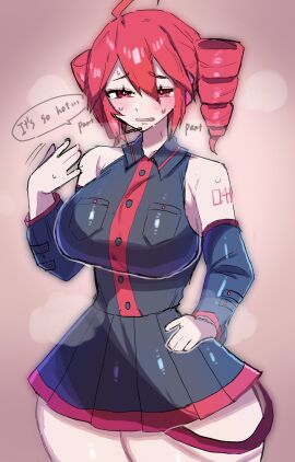 1girls 2d 2d_(artwork) ahoge arm_tattoo big_breasts big_thighs blush blush_lines bottom_heavy breasts clothed clothed_female clothing curvaceous curvy curvy_female curvy_figure dore2801 english_text fanning_self female female_only fully_clothed hand_on_hip headgear hourglass_figure huge_breasts huge_thighs kasane_teto large_breasts large_thighs miniskirt panting red_eyes red_hair shiny_skin simple_background skirt slim_waist small_waist solo solo_female steam steaming_body sweat sweating tattoo text thick_thighs thighs twin_drills utau wide_hips