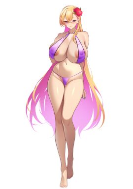 absurdres areola_slip barefoot bikini blonde_hair boryeon_(last_origin) breasts colored_inner_hair covered_erect_nipples earrings female full_body hair_ornament highres huge_breasts jewelry last_origin long_hair looking_at_viewer multicolored_hair pink_bikini pink_hair psychopolis purple_eyes simple_background solo swimsuit thighs toes white_background