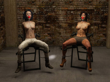 2girls 3d arms_behind_back ball_gag bondage bound bound_legs brown_hair chair_bondage cirilover1 female female_only gag gagged lara_croft lara_croft_(survivor) samantha_nishimura tomb_raider tomb_raider_(survivor) topless topless_female