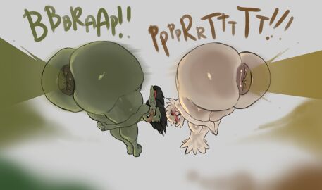 2girls amen_pose anus ass ass_bigger_than_head ass_up asshole bent_over big_ass big_butt black_hair blush edda_(undergroundj) fart fart_cloud fart_fetish farting farting_at_viewer female goblin goblin_female green_skin looking_at_viewer mole mole_under_eye oc one_eye_closed onomatopoeia original original_character original_characters pointy_ears ponytail rear_view smile thick_thighs undergroundj viewed_from_behind white_background white_skin yellow_eyes
