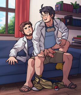 2boys absurdres ahoge bara bear_(body_type) beard belly birch_(pokemon) blush clothes_pull couch facial_hair full_beard full_body glasses goatee_stubble happy_sex highres imminent_anal imminent_penetration indoors labcoat leg_hair male male_focus male_only mature_male multiple_boys multiple_males neroli_(pokemon) on_couch pants pants_pull plump poke_ball pokemon pokemon_sleep power_bottom round_eyewear short_hair sleep_mask smile soupyeel spread_legs stubble thick_eyebrows uncensored yaoi
