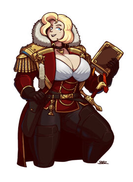 1girls aquila_(symbol) belt big_breasts black_lipstick blazbaros blonde_female blonde_hair blue_eyes boob_window book breasts cleavage cleavage_window corset fancy fancy_clothing female female_only fully_clothed fur_trim gloves imperium_of_man inquisition_(warhammer_40k) inquisitor_(warhammer_40k) jewelry lipstick medal medallion mole necklace noble noblewoman paper parchment purity_seal raised_knee raised_leg royal royalty short_hair shoulder_pads solo solo_female solo_focus sword sword_hilt thick_thighs warhammer_(franchise) warhammer_40k white_background wide_hips