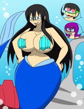 black_hair breasts bubbles female glasses hearts huge_breasts igphhangout large_breasts male merfolk mermaid original original_characters purple_hair red_bikini shell_bikini shelly_(igphhangout) short_hair smiling_at_viewer sonoko_(megagman) underwater underwater_scenery